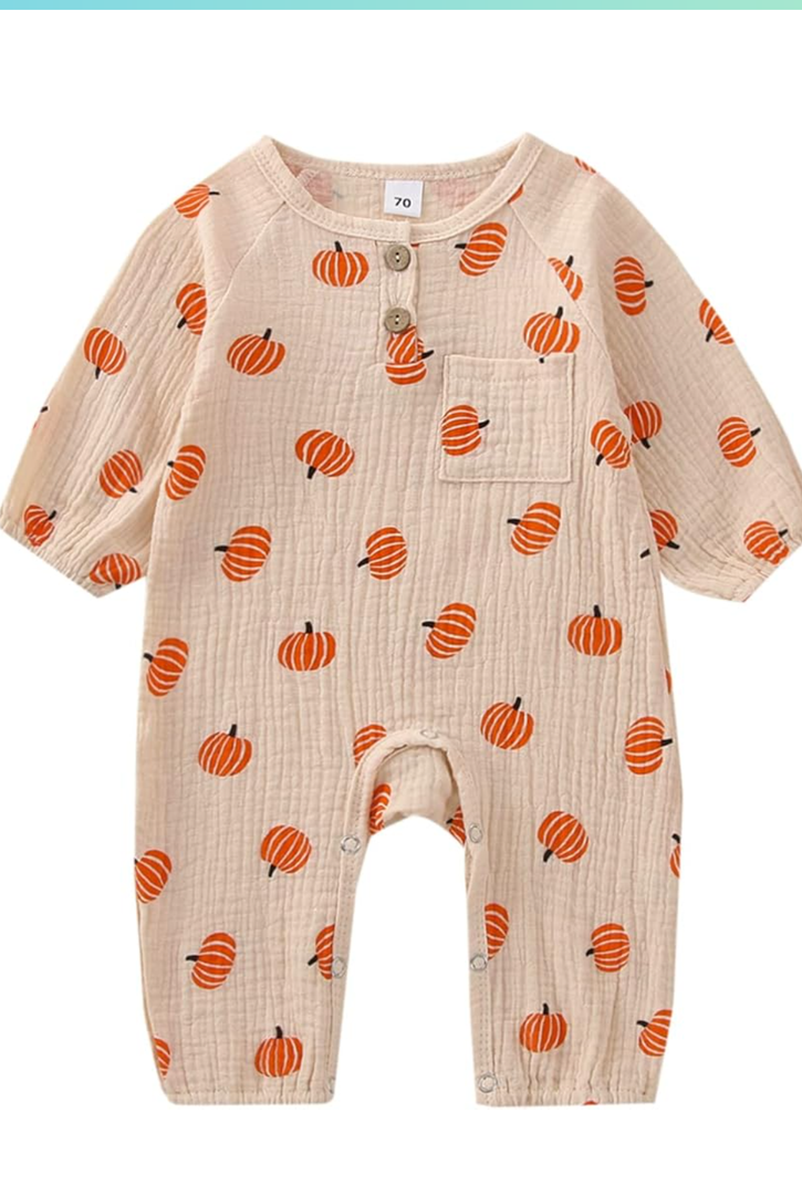 FIOMVA Newborn Baby Girl Boy Halloween Outfit Pumpkin Long Sleeve Romper Onesie Cotton Linen Jumpsuit Fall Winter Clothes, size 80