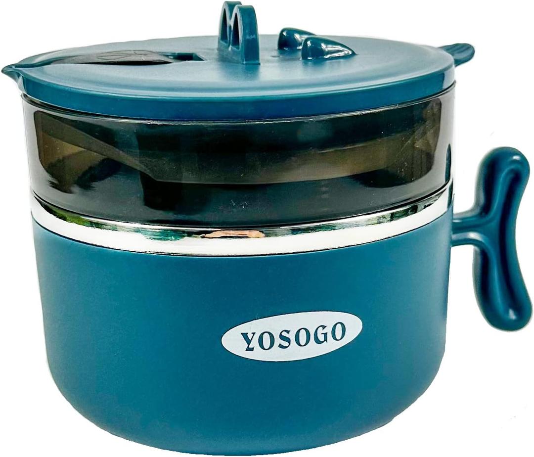 Yosogo 2 Tier 304 Stainless Steel Microwave Ramen/Noodle Bowl With Lid. Lunch Box Set. Cook Ramen In Minutes, Dishwasher Safe. With Fock/Spoon. (Blue)