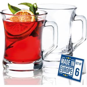 Glass Coffee Mugs with Handle, 7.5 oz Clear Glass Tea Cups for Hot or Cold Drinks, Set of 6