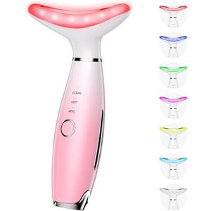7 Color Galvanic Machines - Red Light Therapy for Face and Neck, Face Massager Tool for Wrinkles, Double Chin, Vibrating Facial Massager with Thermals, Pink