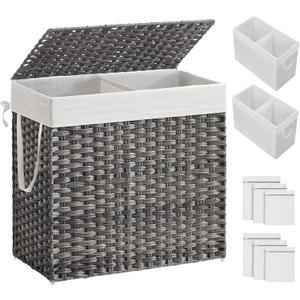 SONGMICS 130L Clothes Hamper with Lid, 2 Removable Liner Bags, 6 Mesh Bags, Wicker, Double Laundry Basket for Bathroom, 13 x 26 x 23.6 Inches, Gray ULCB253G01
