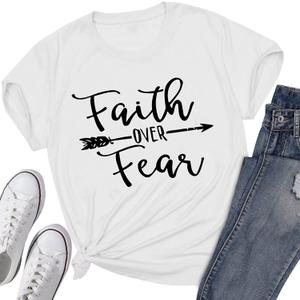 Faith Over Fear T-Shirt Christian Shirt Letter Graphic Tee God Merch Religious Church Bible Verse Top for Women Girls (Large)