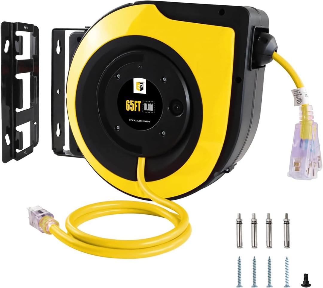EP Retractable Extension Cord Reel,65 Feet 12 AWG/3C SJTOW Heavy Duty Power Cord,15 AMP Circuit Breaker, 3-Lighted Triple Outlets,Ceiling or Wall Mount Use Indoor, Yellow