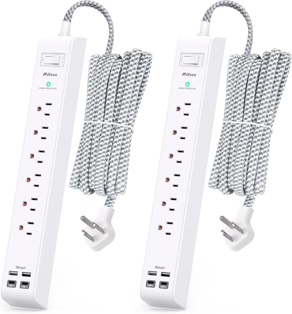 2 Pack Extension Cord 10ft Power Strip - Surge Protector with 6 Outlets 4 USB Charging Ports, Flat Plug, Overload Protection, Wall Mount for Home Office, Dorm Room Essentials (White)