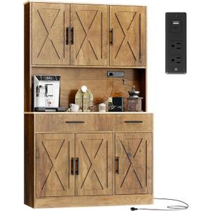 Shintenchi Pantry Cabinet with Charging Station, 70” Tall Kitchen Storage Cabinet with Microwave Stand, Storage Drawers & Adjustable Shelves, Large Capacity Kitchen Hutch for Dining Room, Brown