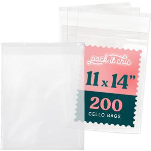 Pack It Chic - 11 X 14 Self Sealing Cellophane Bags (200 Pack) - Resealable Adhesive Clear Bags for Gifts, 11X14 Photos, Prints, Envelopes, Documents