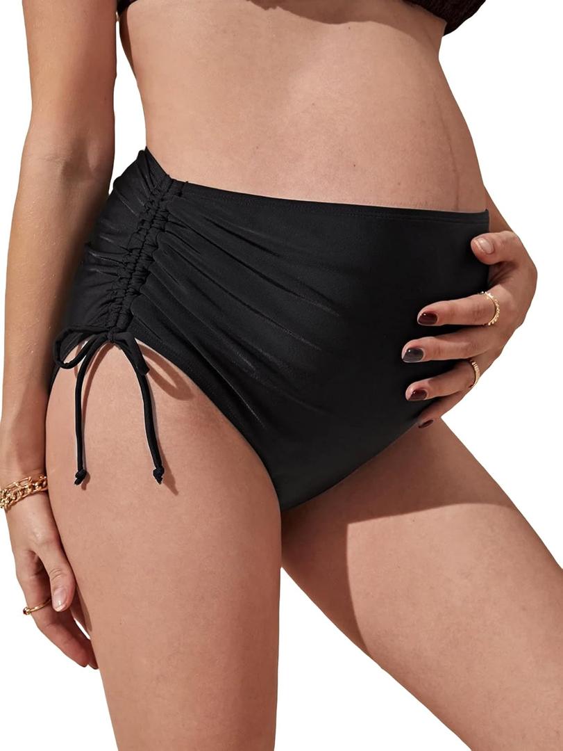 OYOANGLE Women's Maternity Swimsuit Bottom Ruched Drawstring Side High Waist Bikini Briefs Panty (Medium, Black)