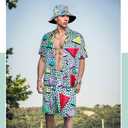 Geosar Men's 2 Pcs 80s 90s Outfit for Men Hippie Shirts and Shorts Set with Hat Neon Disco Halloween Party Costume Clothes (M)