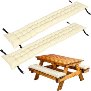 BreezeHug 2 Pcs Picnic Bench Cushion 6' Waterproof Outdoor Picnic Table Seat Cushion with Durable Straps and Buckles, 72" (6ft) x 10" x 3" Tufted Fade Resistant, Folding & Easy to Carry (Beige)