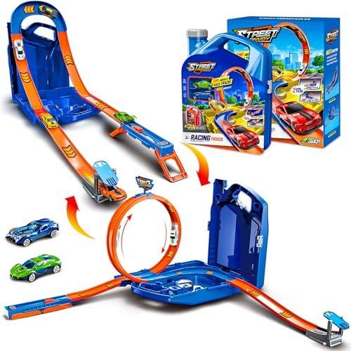 Race Track Toy Car Set with 2 Race Cars,2 in 1 Car Tracks Style with Storage Box,Changeable Tracks Toys Birthday Easter Gifts for Kids 3 4 5 6 7 8+Year Old Boys Girls (Blue)