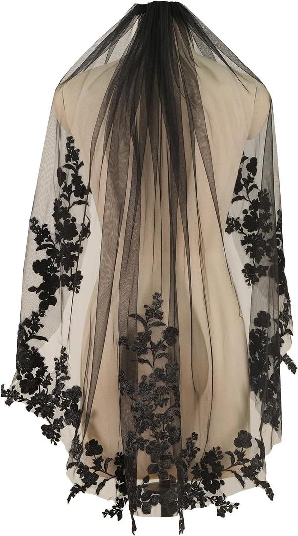 ELAWBTY 1 Tier Fingertip Length Black Lace Wedding Bridal Veils With Metal Comb For Bride M11