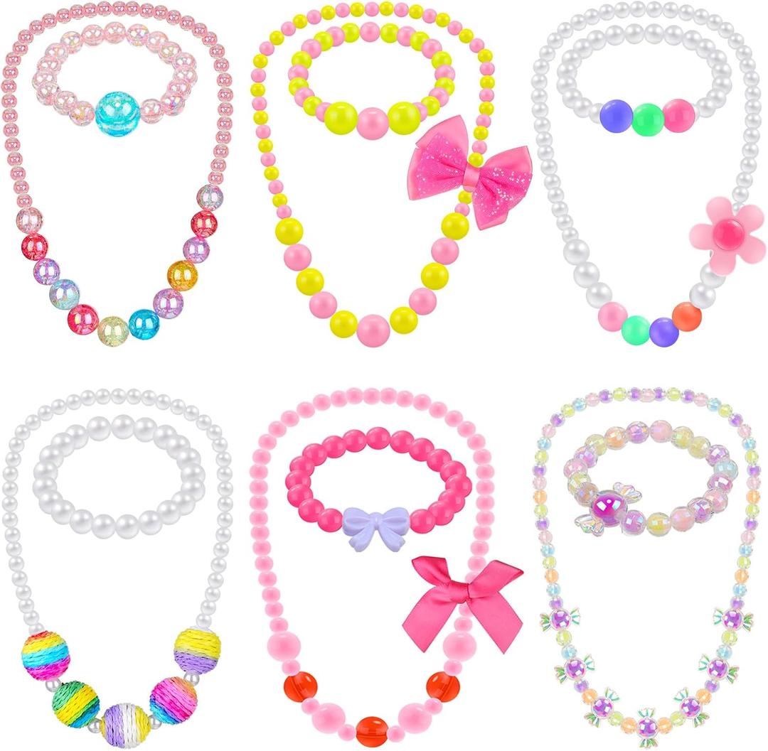 Sumind 6 Sets Toddler Jewelry for Little Girls Baby Beaded Necklace and Bracelet Costume Dress up Jewelry Gifts Princess Party Favors(Classic Style)