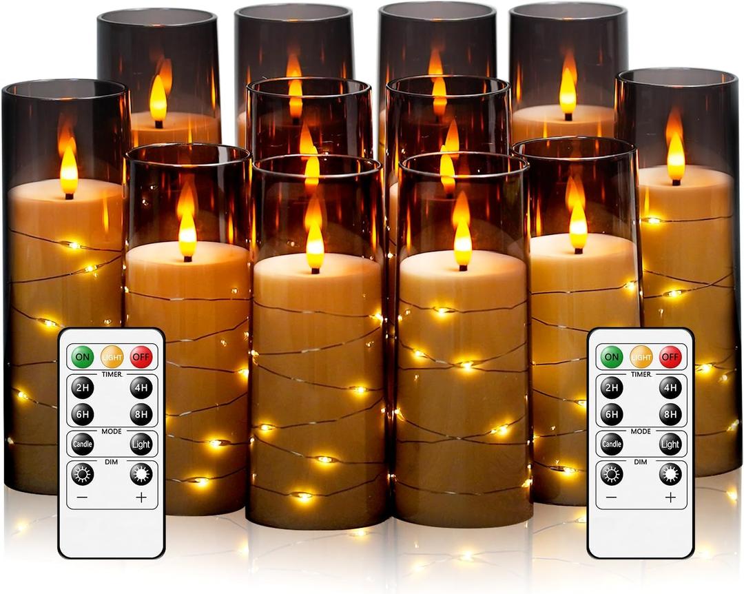 Flameless Candles with Embedded Star String - Battery Operated LED Candles, with Remote,12 Grey Flickering Candles for Christmas, Weddings, Home Decor & Party,(D 2.3"H 5" 6" 7") (Gray)