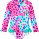 Baby Toddler Girl Long Sleeve Ruffle Swimsuit One Piece Zipper Rash Guard Bathing Suit with UPF 50+ Sun Protection (5-6 Years, Red Stars)