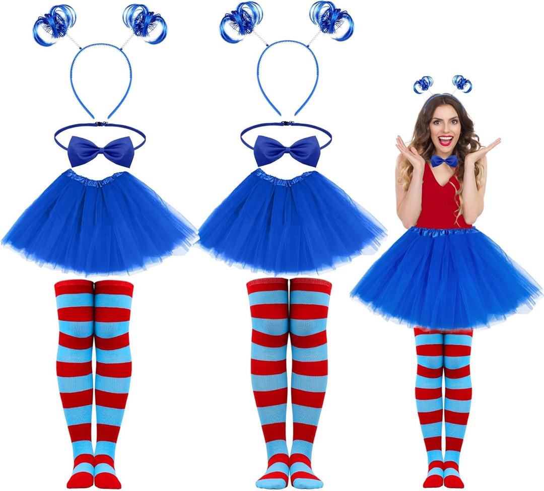Halloween Costume Accessories Include Womens Tulle Tutu Headband Bow Ties Stretchy Striped Socks for Adults Cosplay (Blue)