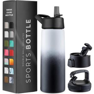 Triple-Insulated Stainless Steel Water Bottles with Straw, 25 Oz Reusable Insulated Water Bottles with 3 Lids, Metal Water Bottle for Travel, School, Sports, Gym/Men, Women & Kids (Dreamy Black-White)