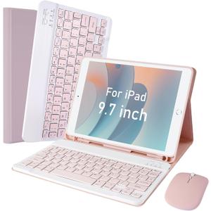 LAMA for iPad 9.7 inch Case with Keyboard and Mouse for iPad 9.7 inch 2018 (6th Gen)/ 2017 (5th Gen)/2016 iPad Pro/Air 2/1, Thin - Detachable - Wireless Keyboard Cover with Pencil Holder, Pink