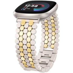 Minyee Compatible with Fitbit Versa 4/Sense 2/Versa 3/Sense Band Women, Dressy Stainless Steel Mesh Chain Honeycomb Designer Chic Gold Two-Tone Metal Starlight Link Bracelet Replacement Wristband