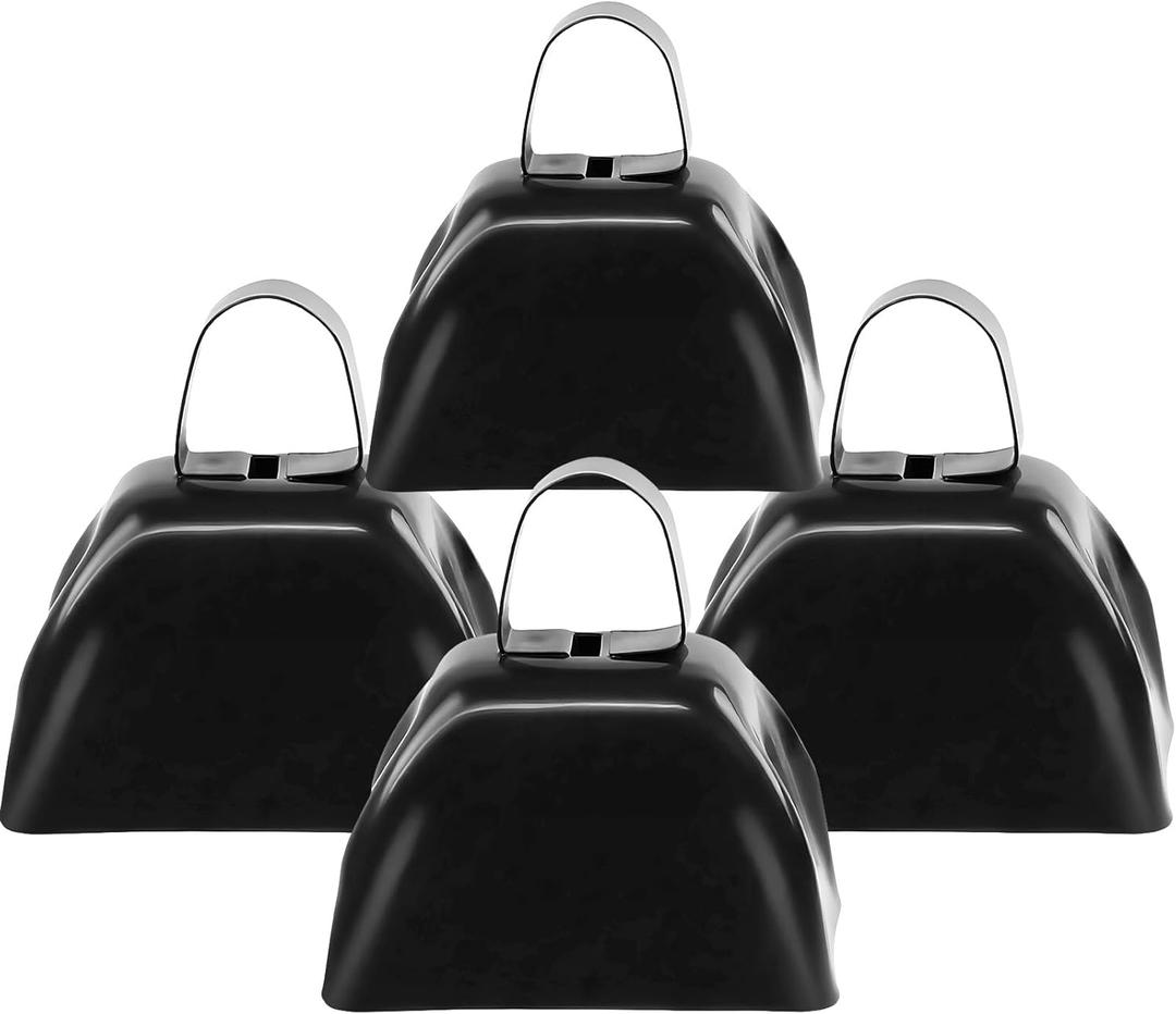 Cow Bells Noise Makers for Sporting Events, 4PCS Metal Cowbells with Handle - Small Loud Bell Bulk Hand Percussion Noisemakers for Football Games Graduation Sporting Events Weddings (Black)