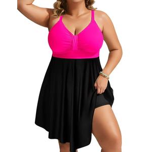 Hanna Nikole Womens Plus Size One Piece Swimdress Tummy Control Bathing Suit Bodyshape Swimwear with Irregular Hem Rose Pink Black ,16W