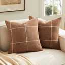 2 Packs Grid Embroidery Throw Pillow Covers, 18x18 Inch Caramel, Farmhouse Linen Decorative Caramel Cushion Covers for Sofa Bed Living Room Home Decor