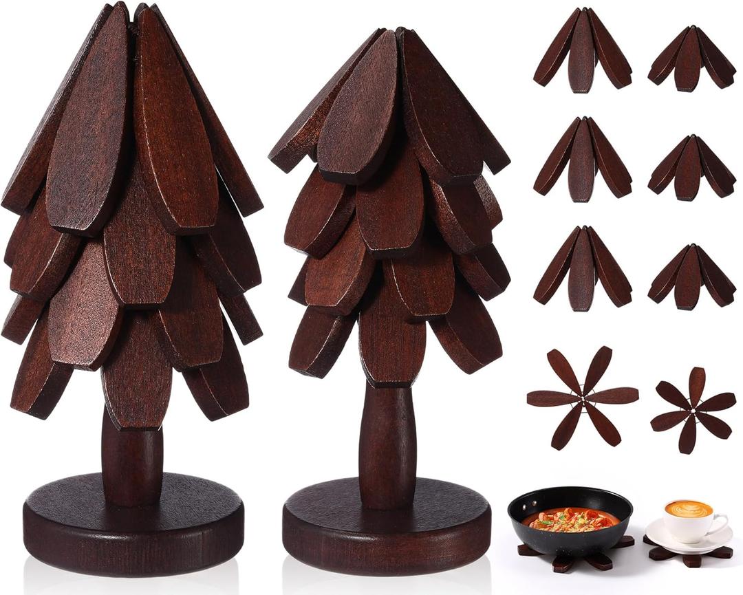 Wonderjune Tree Coasters Set of 8, Wooden Trivets for Hot Dishes, 2 Sizes Foldable Tree Shaped Trivets with 2 Stands, Decorative Kitchen Table Pad Mat Decor for Hot Pots, Pans, Cups(Walnut Wood)
