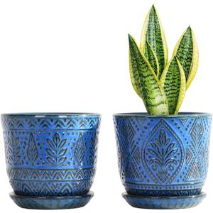 Gepege Beaded Ceramic 6 Inch Planter Set of 2 with Drainage Hole and Saucer for Plants, Indoor-Outdoor Large Round Succulent Orchid Flower Pot (Blue, Inner-pots not Larger Than 5 Inch)