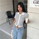 Women Short Sleeve Striped Knitted Tops Lapel Collared Button Down Cropped Cardigan Sweaters White (White, L)