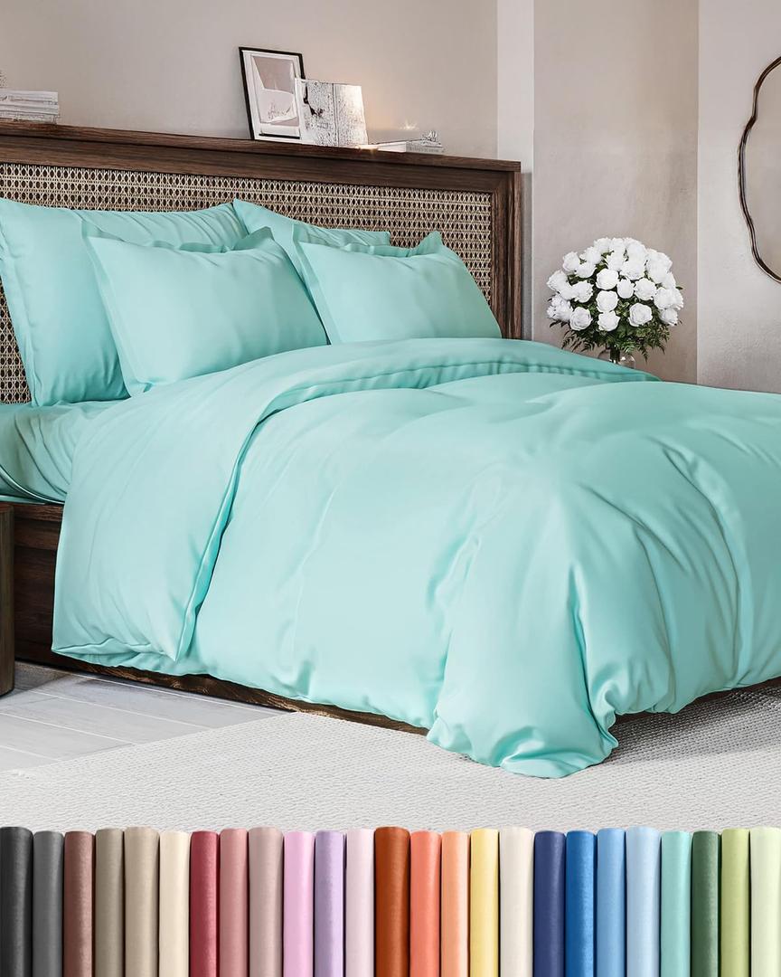 Duvet Cover Queen Size - Extra Soft Queen Size Duvet Cover - Lightweight & Breathable - Easy Care & Fade Free with Zipper Closures and Ties - 90" x 90" Inches - (Spa Blue) Comforter Not Included