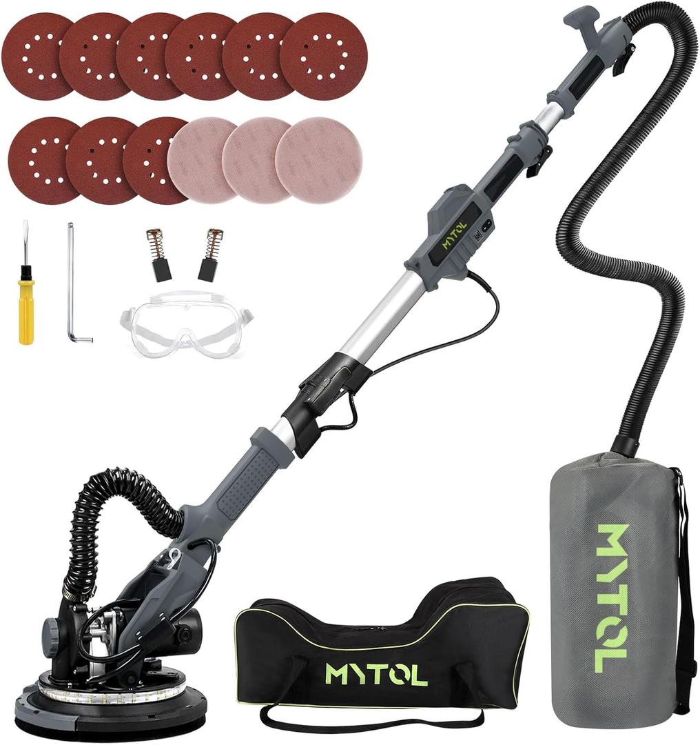 MYTOL Drywall Sander, 7.2A Electric Drywall Sander with Vacuum Dust Collection, 6 Variable Speed 900-1800RPM, LED Light, Foldable & Extendable Handle, 9 Pcs Sandpaper&3 Pcs Grid Sandpaper, Gray