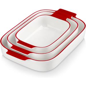 MALACASA Casserole Dishes for Oven, Ceramic Baking Dishes Set of 3, Rectangular Lasagna Pan Deep Baking Pans, Bakeware Sets with Handles Gift Set, White with Red Trim (13.8''/11.7''/9.4''), Series BAKE