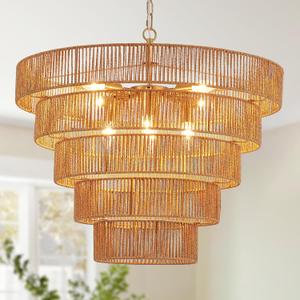 25.6" Large Rattan Gold Chandelier for Dining Room, Farmhouse 8-Lights Boho Hand-Woven Bamboo Chandelier, Drum Wicker Golden Chandeliers for Kitchen Island, Living Room, Bedroom
