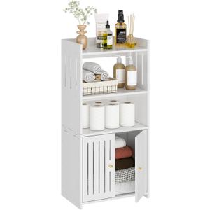 Bathroom Storage Cabinet, 4-Tier White Floor Cabinet Freestanding Organizer with Door for Living Room Kitchen Small Space