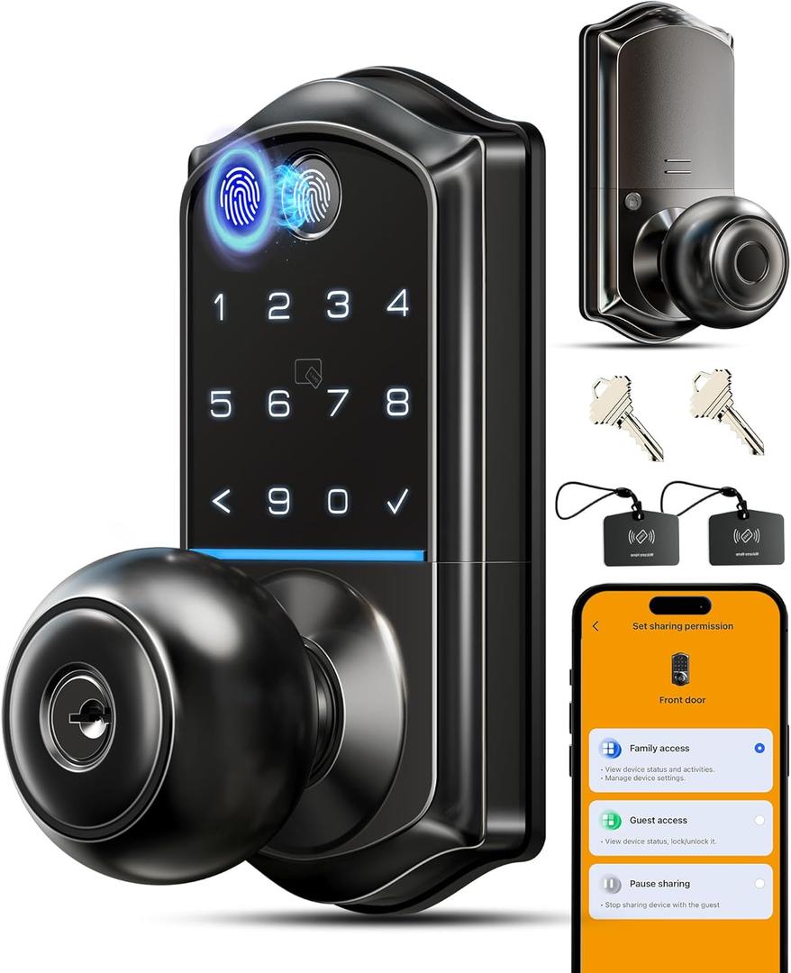 Veise VE018 Smart Knob Handle Lock - Fingerprint, App Control, Keyless Entry for Front Door and Bedroom, Electronic Digital Keypad, Auto Lock, Remote Access Sharing, IP55 Weatherproof, Matte Black