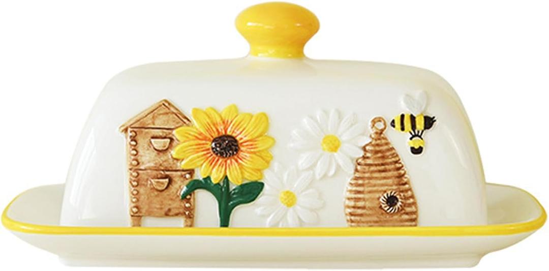 Butter Dish with Lid for Countertop, Sunflower Butter Keeper Holder, Ceramic Cute Butter Container Sunflower Decorative Butter Dish for Kitchen, Gifts for Mom Women (Sunflower)