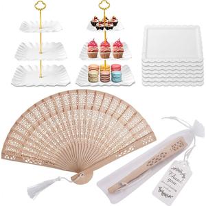 50 Sets Wooden Hand Fan Wood Handheld Folding Fans with Organza Bags and Thank You Tag and Tassels Wedding Party Favors And 10 Pack Dessert Table Display Set, 4 Three-Tier Square Cupcake Stands and 6 Serving Trays for Cakes, Cupcakes, Pastries and Snacks, Baby Shower Decorations, Bridal Shower, Birthday, Wedding Party