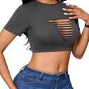 Remidoo Women's Sexy Distressed Ripped Crop Top Short Sleeve Cropped T Shirt Summer Cutout Tops Grey Medium (Gray, M)