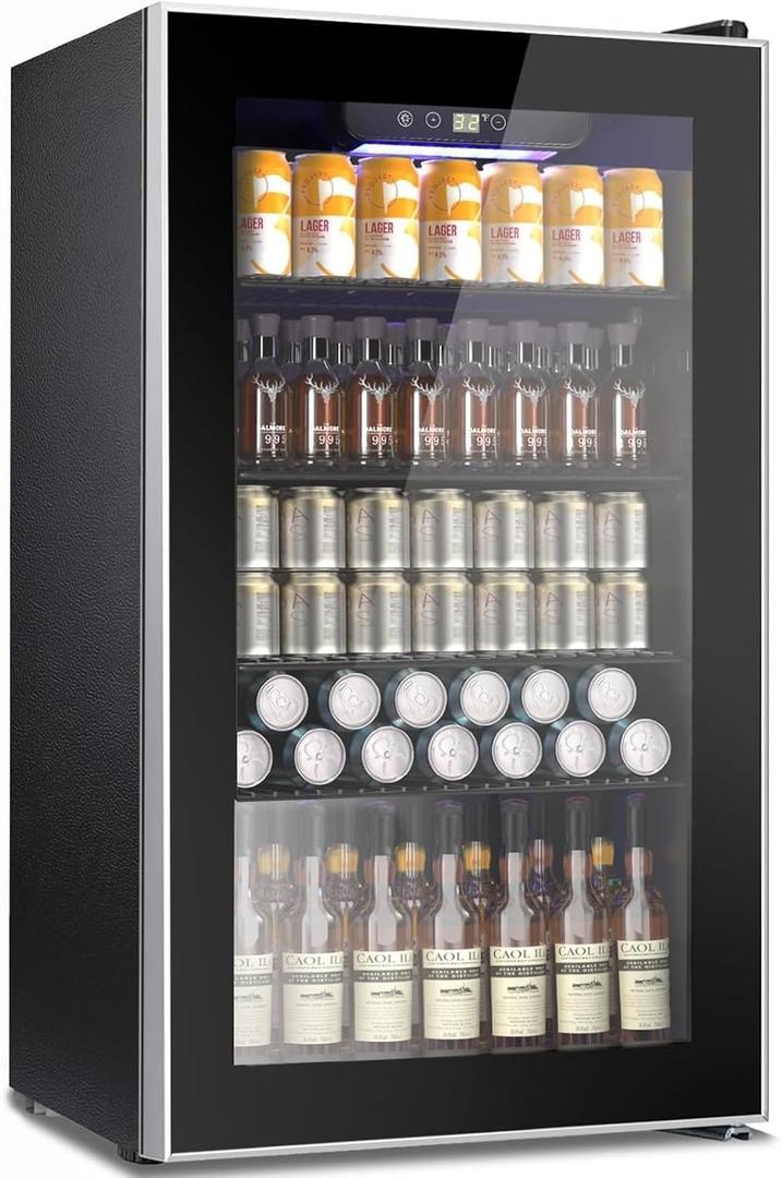 COWSAR Mini Fridge Cooler, 130 Can Beverage Refrigerator with Glass Door, ETL Approved Wine Fridge with Digital Temperature Control, LED Light, Reversible Door for Home, Office, Bar - 3.2 Cu.Ft (Black)
