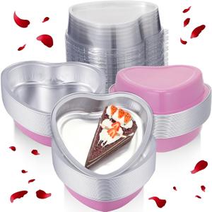 Fainne 20 Sets Mother's Day 5" Aluminum Foil Heart Shaped Cake Pans with Clear Lids 225 ml/ 7.92 oz Heart Cake Pan Mini Mother's Day Containers Disposable Dessert Baking Containers (Pink)