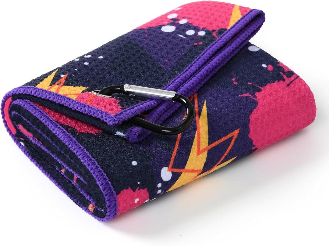 Mile High Life Golf Towel 16"x24", Microfiber Waffle Weave with Heavy Duty Clip, Fun Prints Gym Towels for Men & Women, Golf Accessories for Cleaning Clubs and Balls (Scrawl - Purple Towel)