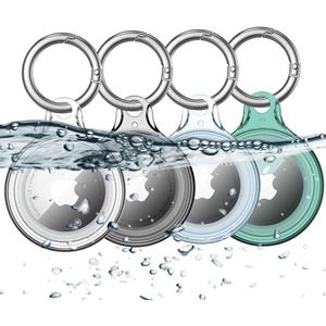 4 Pack Airtag Holder IPX8 Waterproof for Apple Air Tags with Keychain, Hard PC Cover [Anti-Scratch] for Air-Tag Item Finder GPS Tracker Case Key Chain, Clear/Black/Blue/Green
