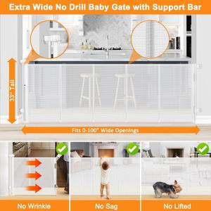 Upgrade No Drill Retractable Baby Gates No Drilling Retractable Gate with Support Rods to Prevent Crawling Underneath, 55 Wide Mesh Baby Gates for Doorways No Drilling Retractable Dog Gate for Stairs (White)