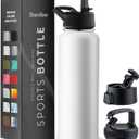 FineDine Triple Walled, Insulated Water Bottles with Straw - 40 Oz Stainless Steel Metal Bottle W/ 3 Leak Proof Lids - For Travel, School, Sports, Gym/Men, Women & Kids - Pure Pearly White