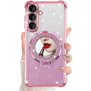 DAKORIE for Samsung Galaxy S25 FE Case Glitter with Mirror Shockproof Heavy Duty S25 FE Protective Cover for Galaxy S25 FE 5G 2025 - Pink
