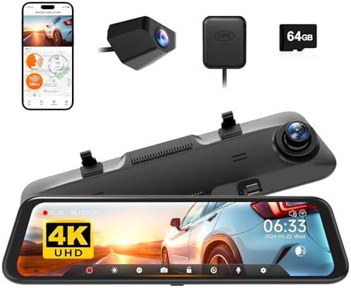 WOLFBOX 12" 4K Rear View Mirror Camera with 5.8GHz WiFi and Voice Control, Smart Mirror Dash Cam Front and Rear, Backup Camera with 1080P Rear Camera, Dash Cam with WDR, Includes 64GB Card & GPS