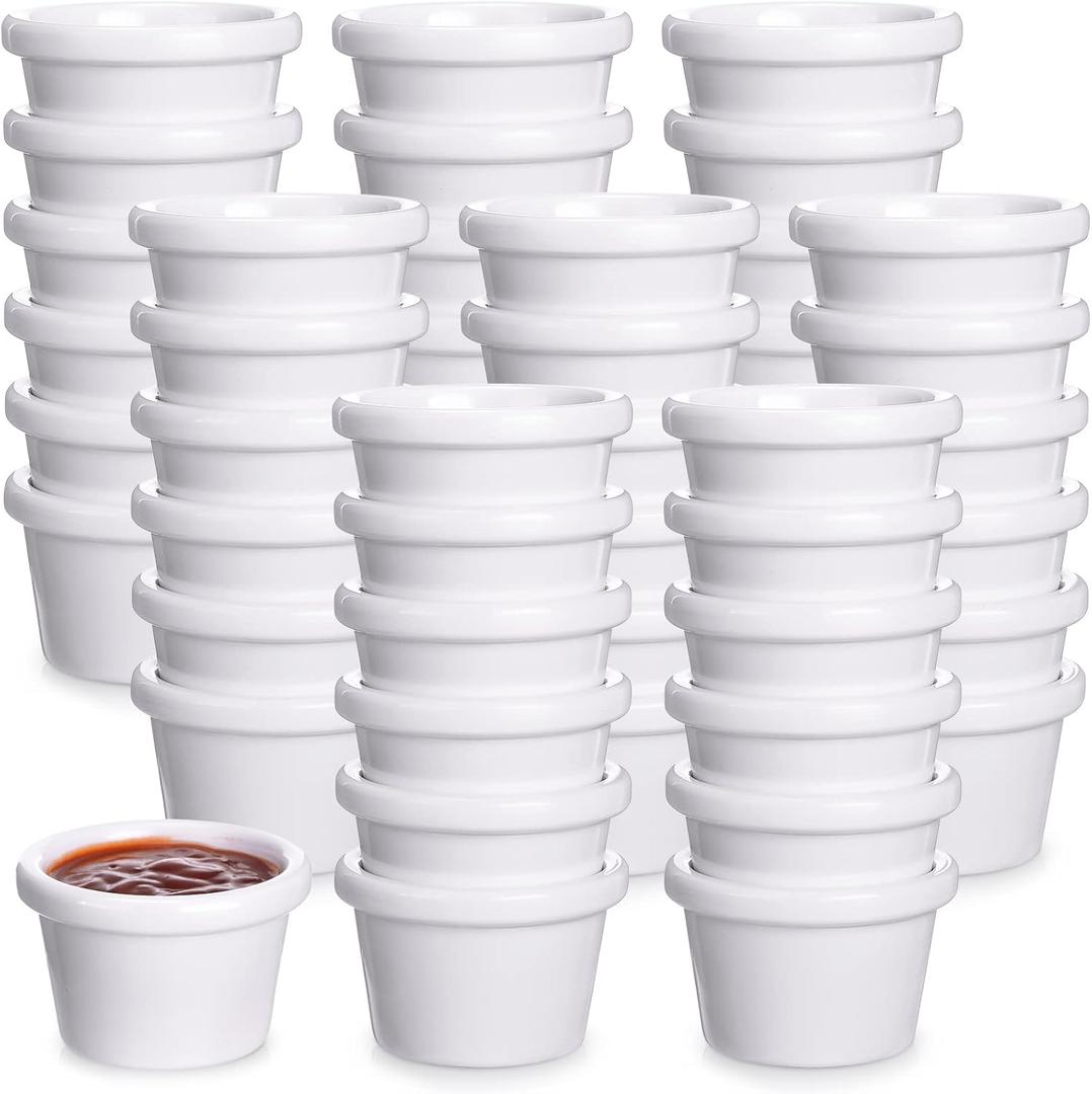 Lallisa 48 Pcs Mini Ramekins 1.5 oz Ramekins Smooth Round Ramekin Small Condiment Cups Dipping Sauce Bowls for Daily Meals Catering Kitchen Restaurant Party (White)