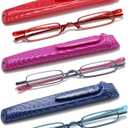 Pocket Reading Glasses with Pen Clip Case - Slim Mini Compact Readers Portable Spring Hinge Eyeglasses (Red, Purple, Blue, +1.75)