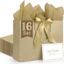 TUXIYA Gift Bag, 16PCS 12.6" x 9.8" x 4.3" Champagne Gift Bag with 16 Ribbon and 16 Greeting Cards 32 Tissue Paper, Large Gift Bags Wedding Gift Bags Present Bags for Birthday Valentines Party Birthday Mothers Day