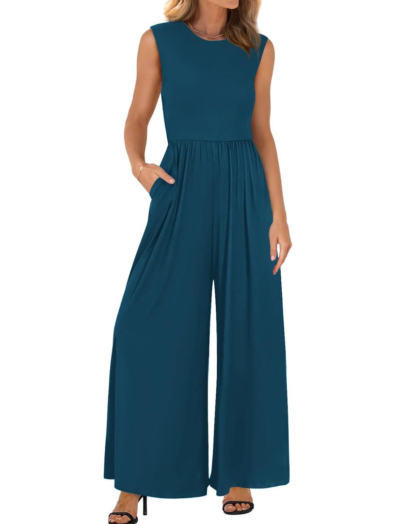 BTFBM Womens Casual Jumpsuits Dressy 2026 Spring One Piece Outfits Crew Neck Sleeveless Knit Wide Leg Pants Romper Beach(Dark Blue, Small) (S)