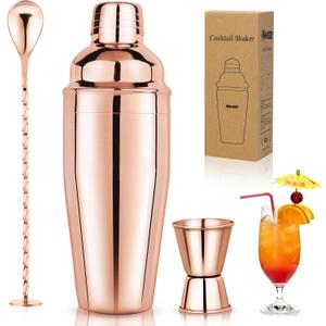 23oz Cocktail Shaker Set Martini Shaker Set Bartender Set with Margarita Mixer Drink Shaker, Measuring Jigger and Mixing Spoon - Professional 18/8 Stainless Steel Bar Tools (Rose Gold) (3pcs)